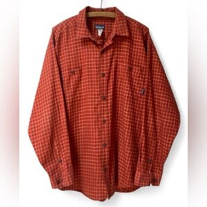 Patagonia Mens Large Button Down Shirt Deep Red Plaid Long Sleeve Casual Outdoor